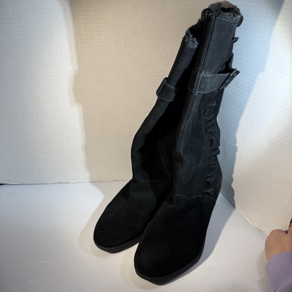 London Fog Monica Suede Leather Waterproof Tall Boots Faux Fur Wedge Black Sz 9M - Picture 7 of 16